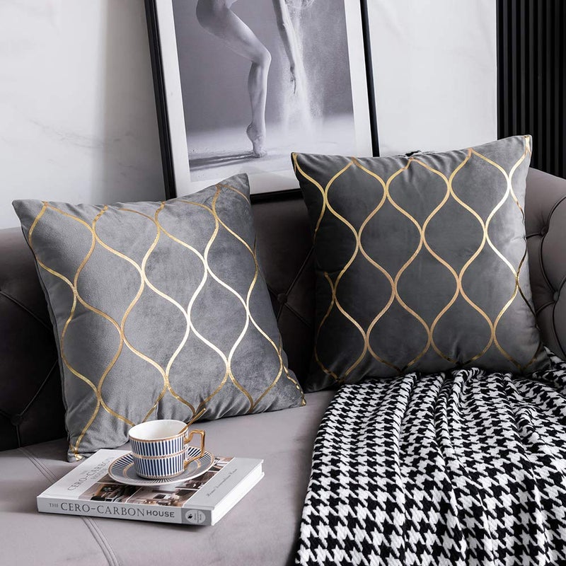 DEZENE Gold Velvet Throw Pillow Covers: 2 Pack 20x20 Inch Square Decorative Pillow Cases for Bedroom Sofa Couch Living Room, Light Grey - Image 3